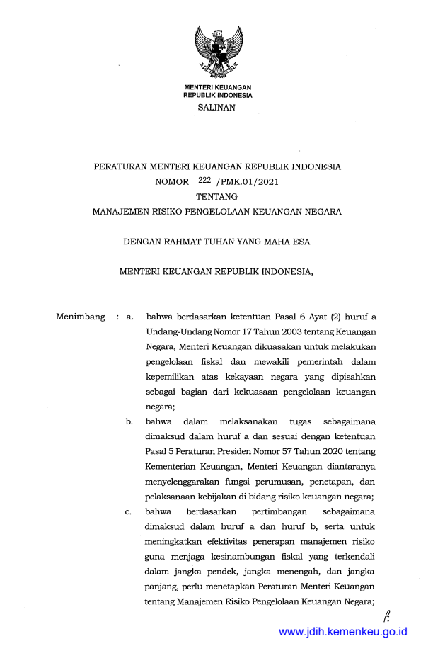 Peraturan Menteri Keuangan Nomor 222/PMK.01/2021