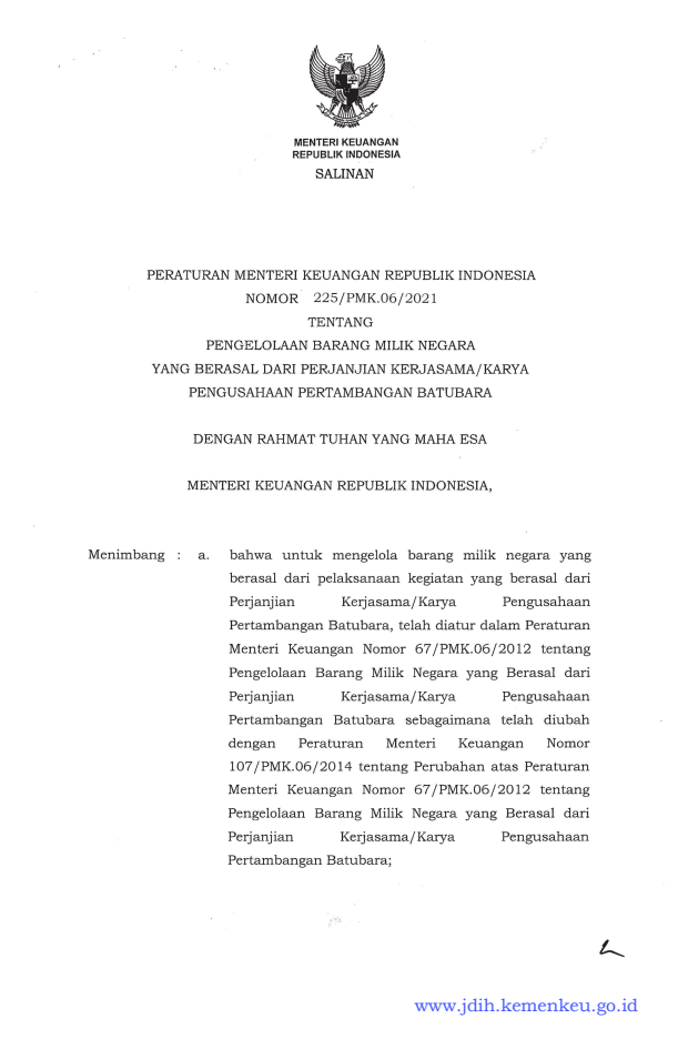 Peraturan Menteri Keuangan Nomor 225/PMK.06/2021