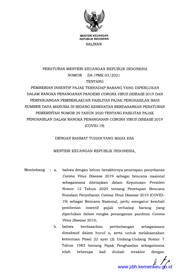 Peraturan Menteri Keuangan Nomor 226/PMK.03/2021