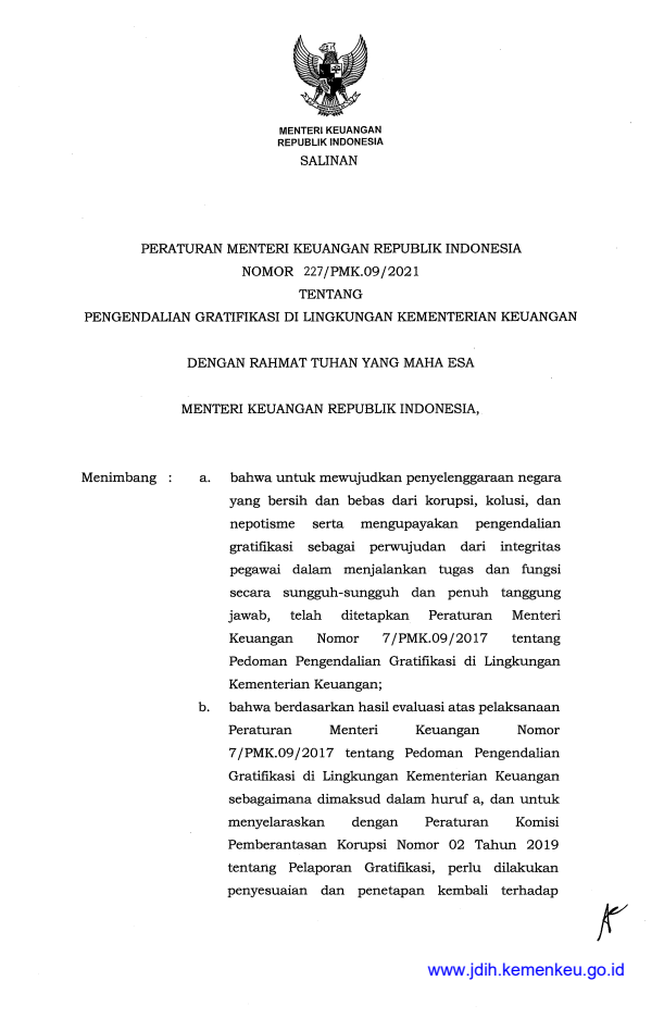 Peraturan Menteri Keuangan Nomor 227/PMK.09/2021