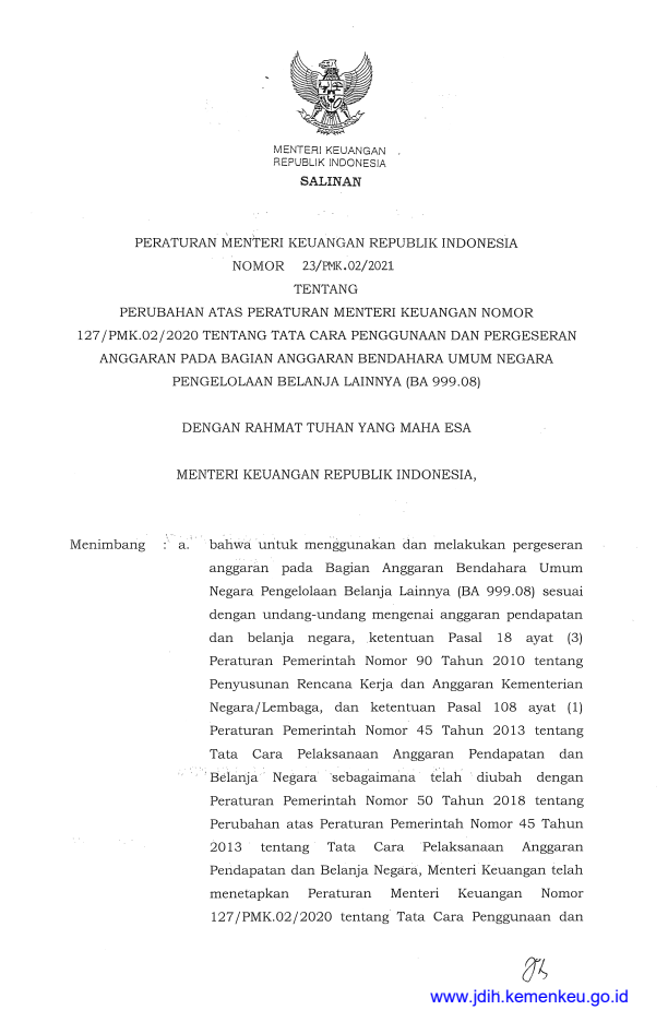 Peraturan Menteri Keuangan Nomor 23/PMK.02/2021