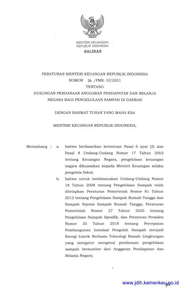 Peraturan Menteri Keuangan Nomor 26/PMK.07/2021