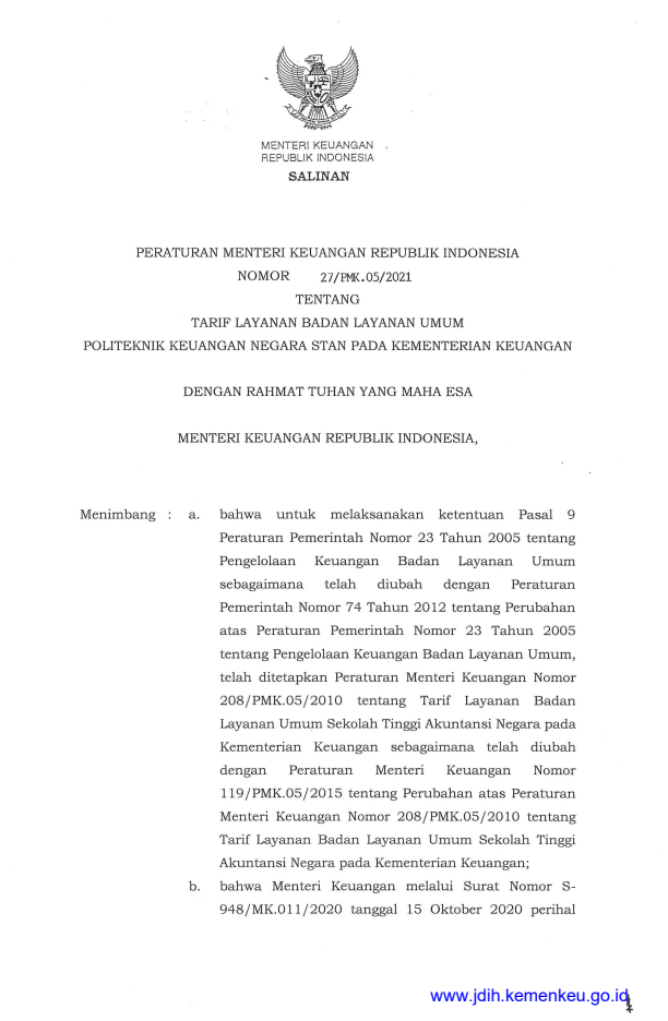 Peraturan Menteri Keuangan Nomor 27/PMK.05/2021