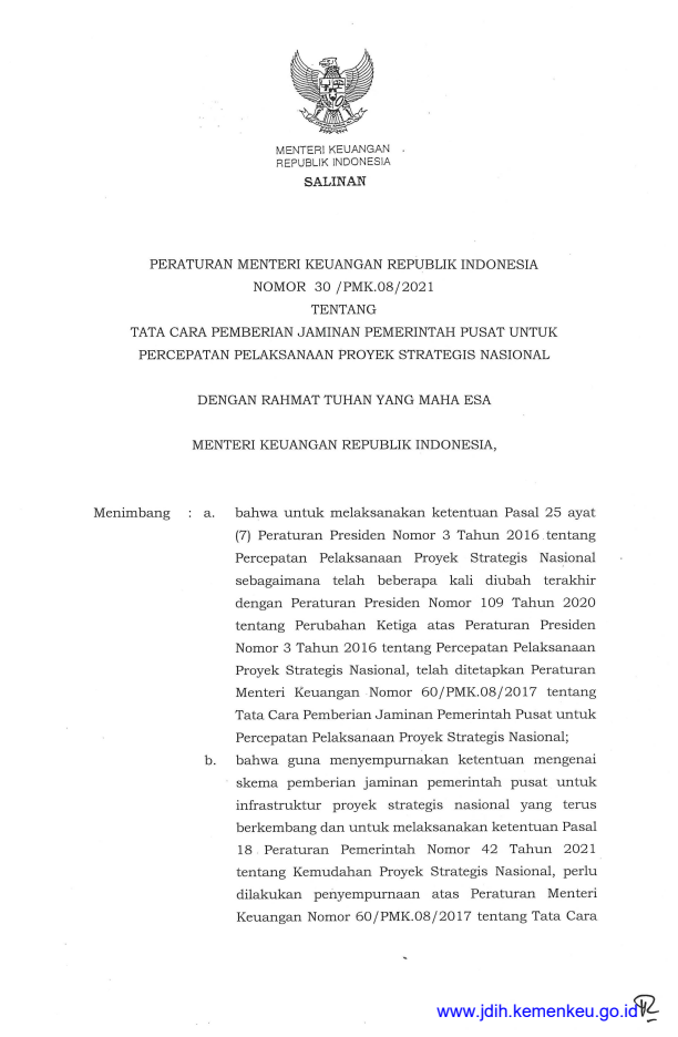 Peraturan Menteri Keuangan Nomor 30/PMK.08/2021