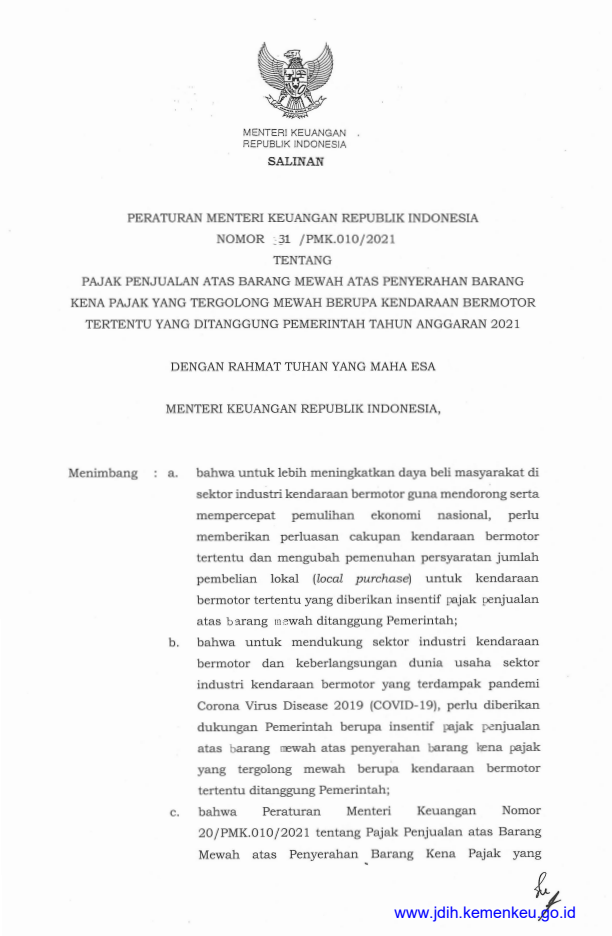 Peraturan Menteri Keuangan Nomor 31/PMK.010/2021