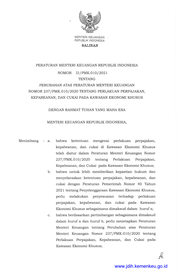 Peraturan Menteri Keuangan Nomor 33/PMK.010/2021