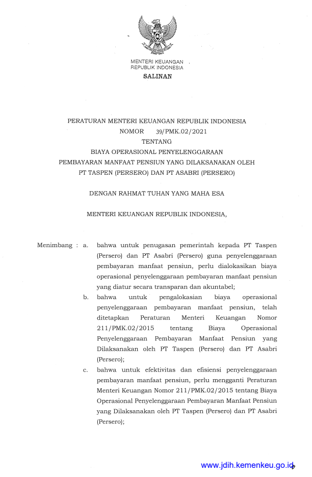 Peraturan Menteri Keuangan Nomor 39/PMK.02/2021