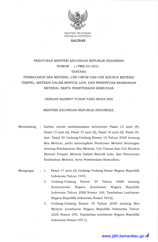 Peraturan Menteri Keuangan Nomor 4/PMK.03/2021