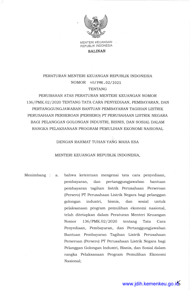 Peraturan Menteri Keuangan Nomor 40/PMK.02/2021