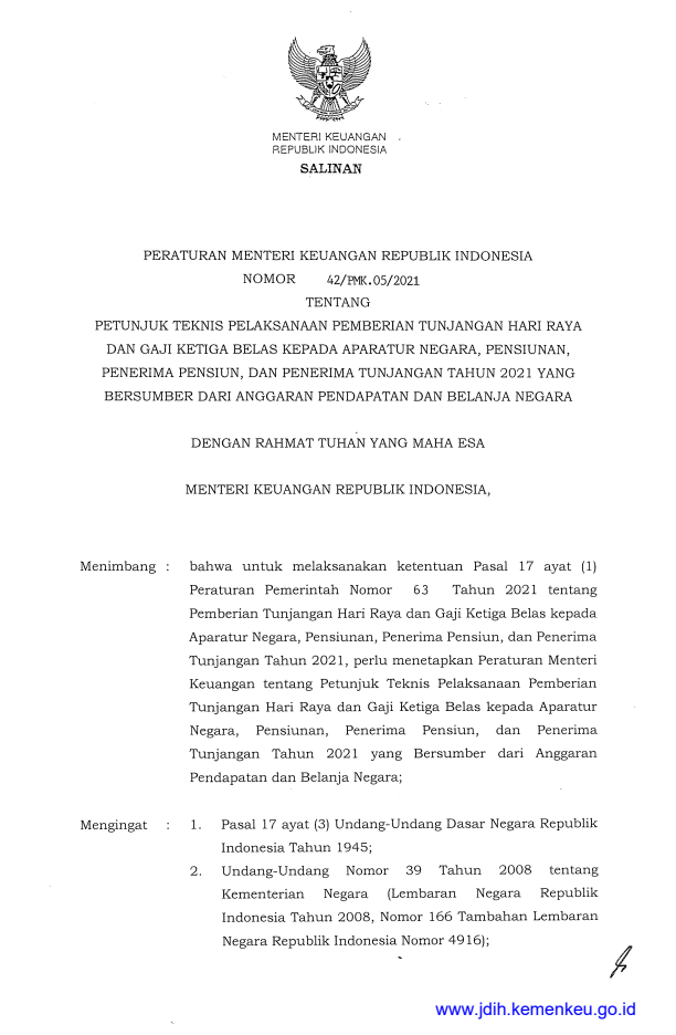 Peraturan Menteri Keuangan Nomor 42/PMK.05/2021