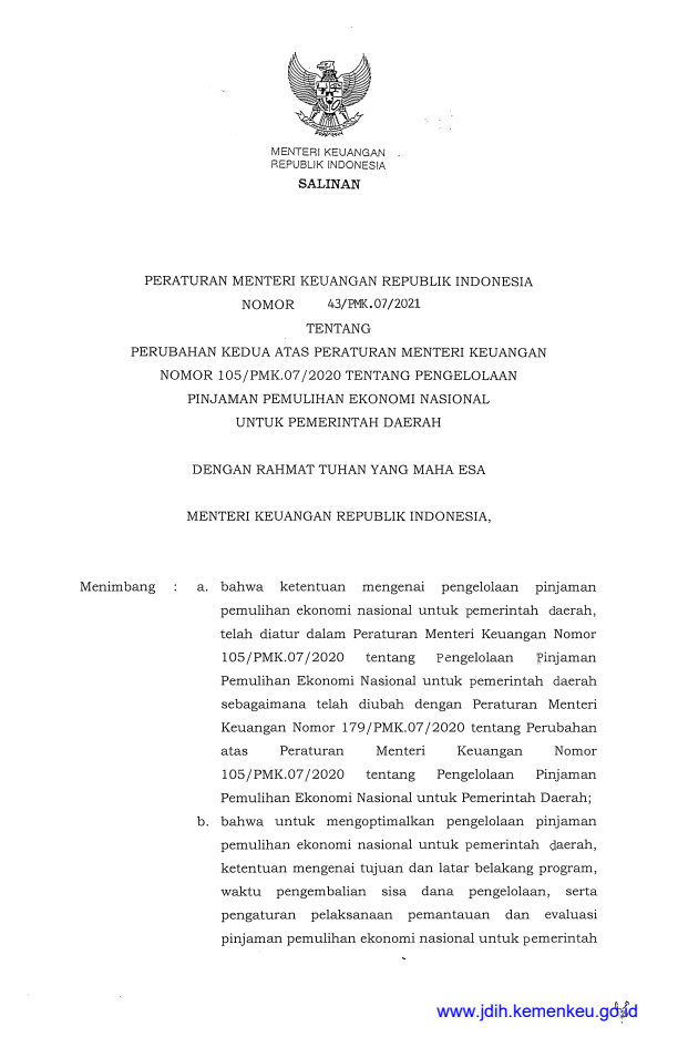 Peraturan Menteri Keuangan Nomor 43/PMK.07/2021