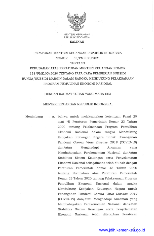 Peraturan Menteri Keuangan Nomor 50/PMK.05/2021