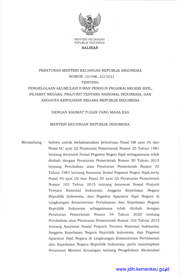 Peraturan Menteri Keuangan Nomor 52/PMK.02/2021
