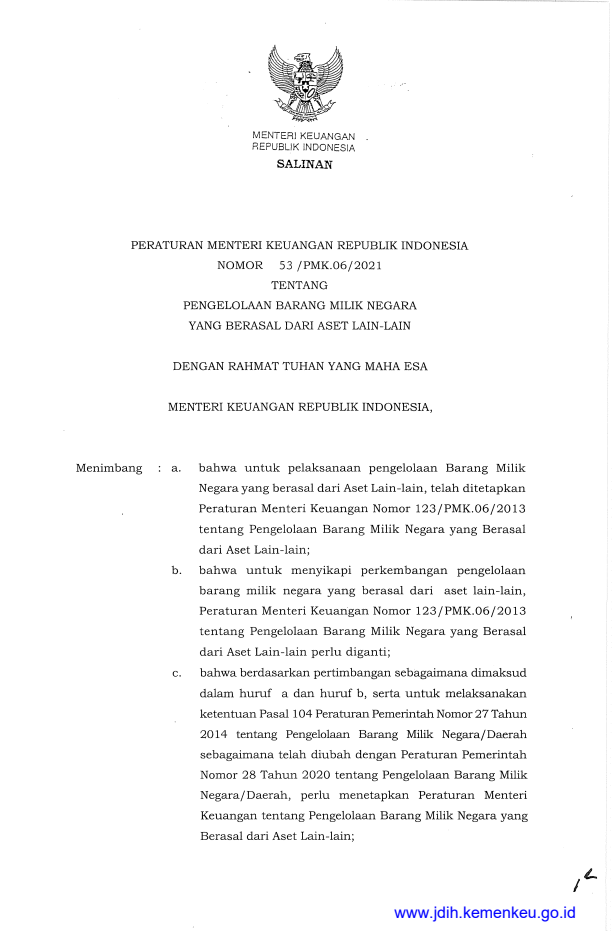 Peraturan Menteri Keuangan Nomor 53/PMK.06/2021