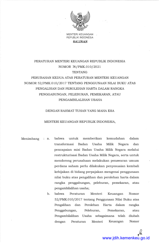 Peraturan Menteri Keuangan Nomor 56/PMK.010/2021