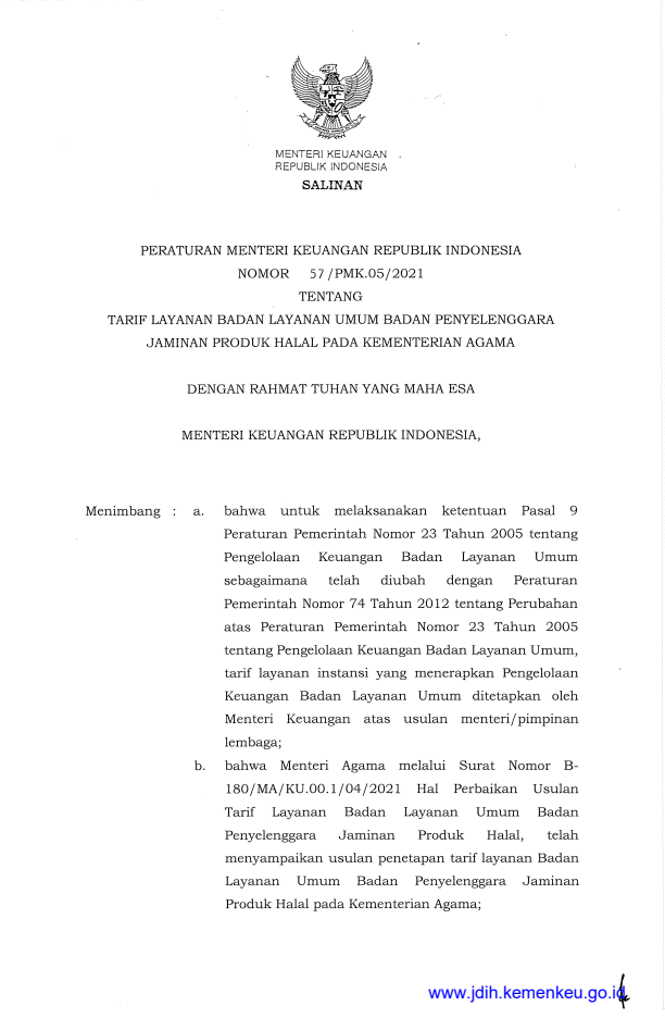 Peraturan Menteri Keuangan Nomor 57/PMK.05/2021