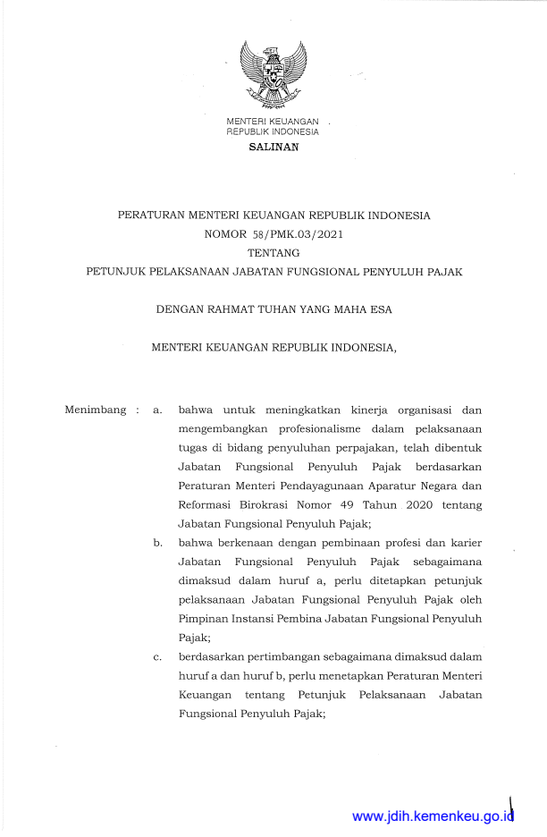 Peraturan Menteri Keuangan Nomor 58/PMK.03/2021