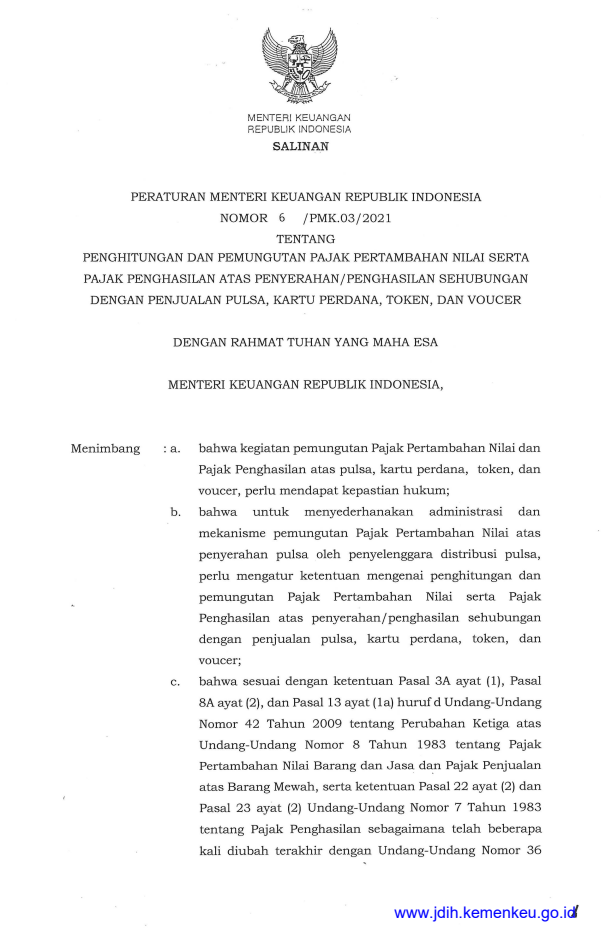 Peraturan Menteri Keuangan Nomor 6/PMK.03/2021