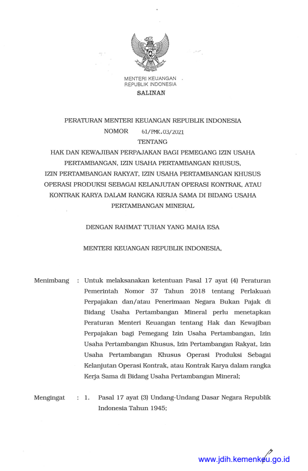 Peraturan Menteri Keuangan Nomor 61/PMK.03/2021