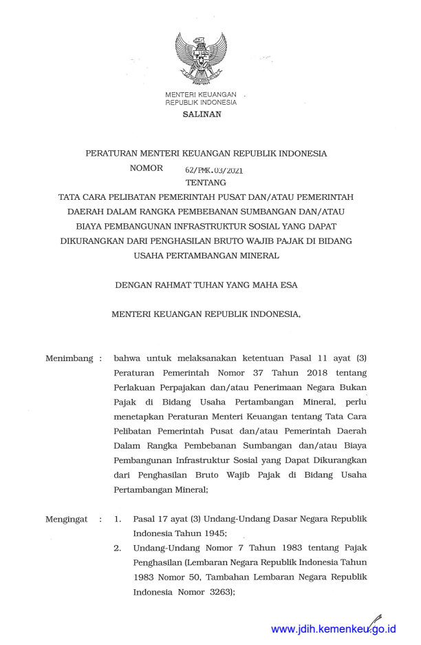 Peraturan Menteri Keuangan Nomor 62/PMK.03/2021