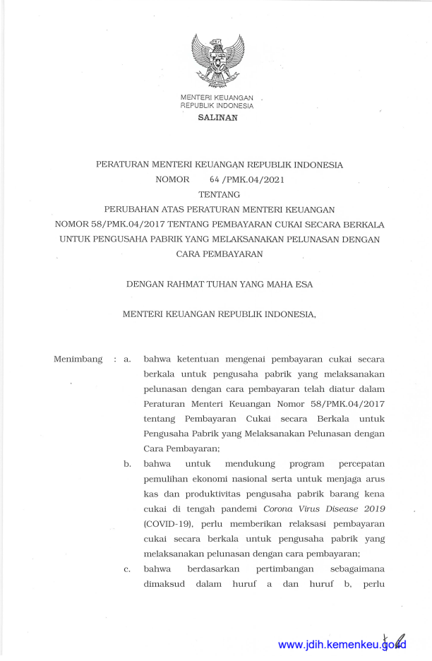 Peraturan Menteri Keuangan Nomor 64/PMK.04/2021