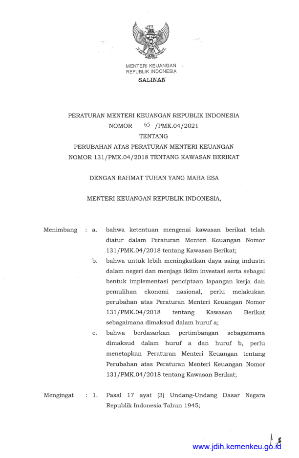 Peraturan Menteri Keuangan Nomor 65/PMK.04/2021
