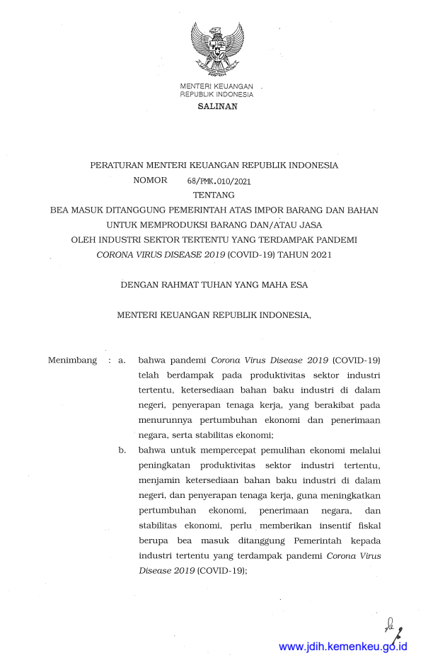 Peraturan Menteri Keuangan Nomor 68/PMK.010/2021