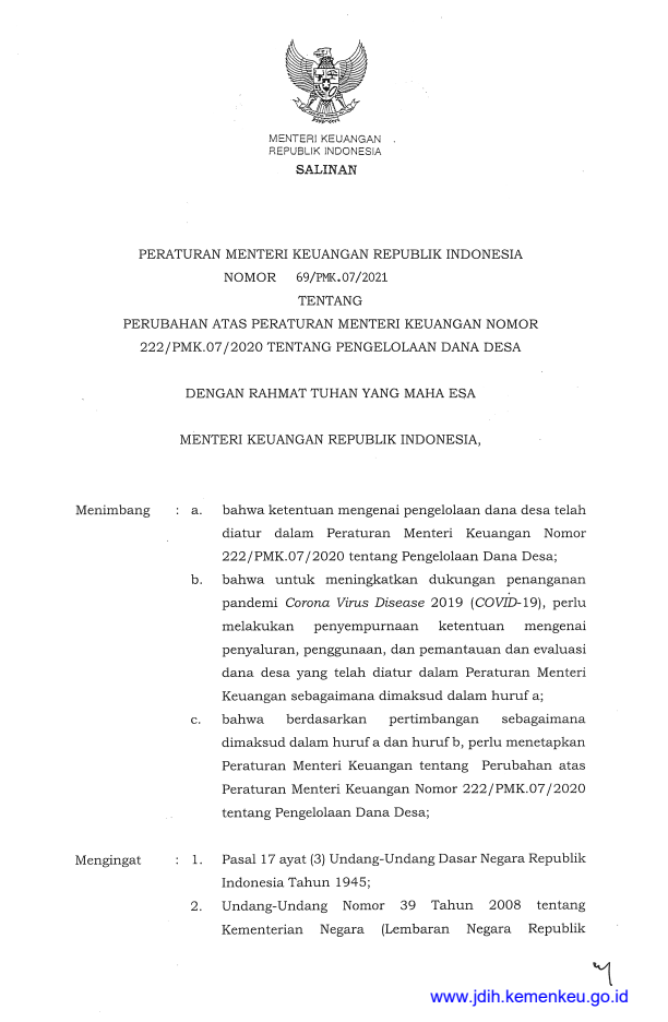 Peraturan Menteri Keuangan Nomor 69/PMK.07/2021