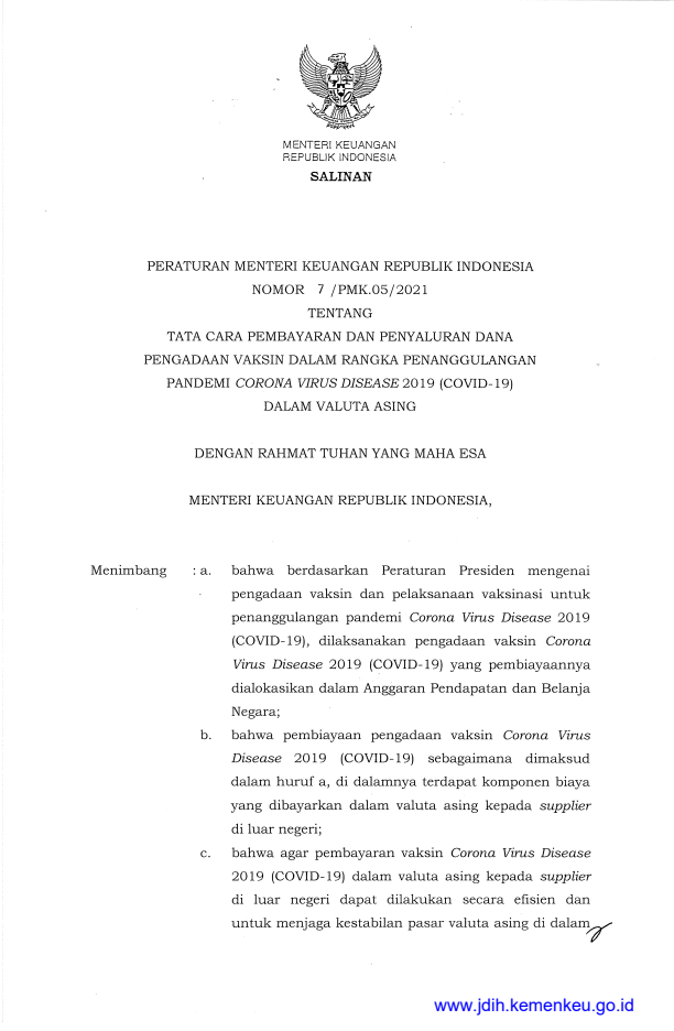 Peraturan Menteri Keuangan Nomor 7/PMK.05/2021