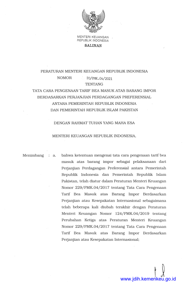 Peraturan Menteri Keuangan Nomor 70/PMK.04/2021