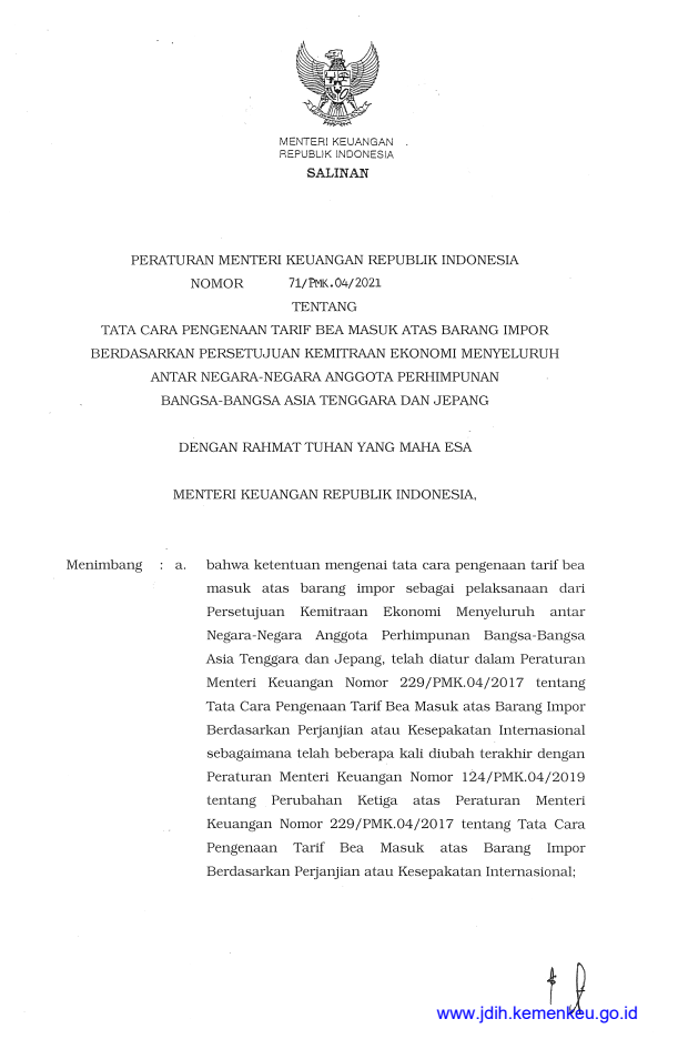 Peraturan Menteri Keuangan Nomor 71/PMK.04/2021