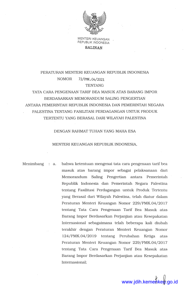 Peraturan Menteri Keuangan Nomor 72/PMK.04/2021