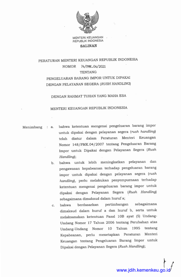 Peraturan Menteri Keuangan Nomor 74/PMK.04/2021