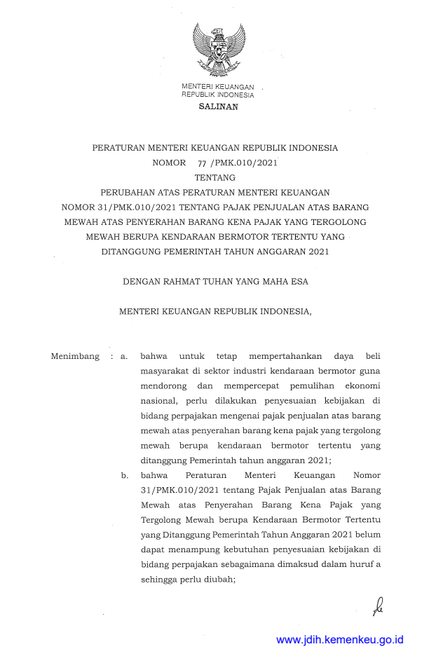 Peraturan Menteri Keuangan Nomor 77/PMK.010/2021