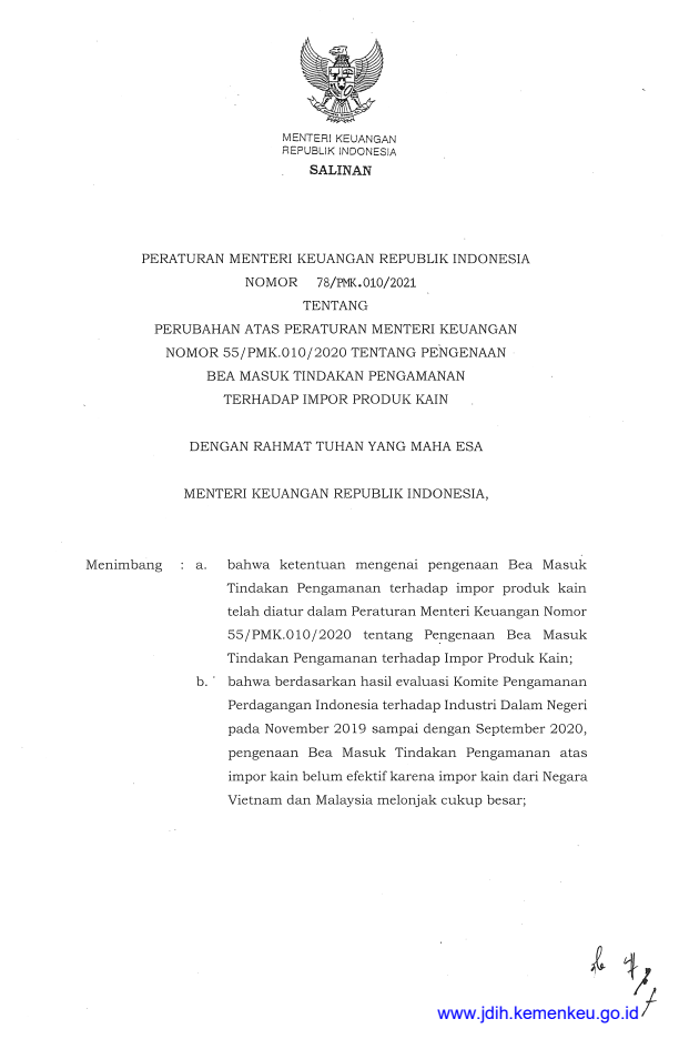 Peraturan Menteri Keuangan Nomor 78/PMK.010/2021