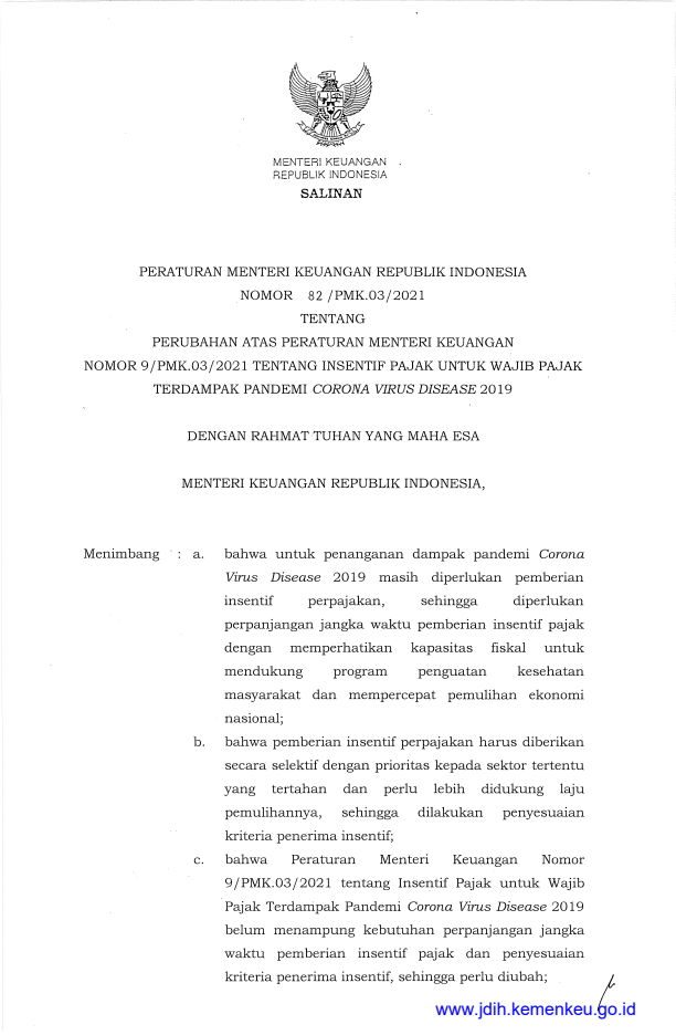 Peraturan Menteri Keuangan Nomor 82/PMK.03/2021