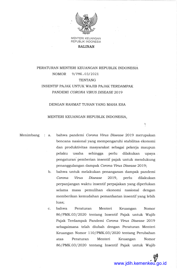 Peraturan Menteri Keuangan Nomor 9/PMK.03/2021