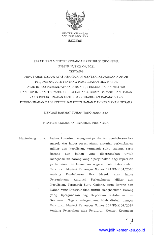 Peraturan Menteri Keuangan Nomor 91/PMK.04/2021