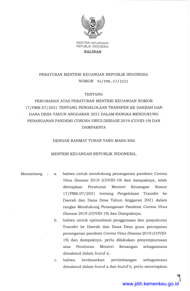 Peraturan Menteri Keuangan Nomor 94/PMK.07/2021