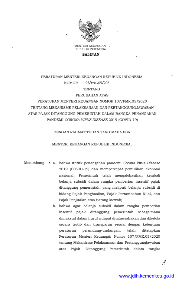 Peraturan Menteri Keuangan Nomor 95/PMK.05/2021