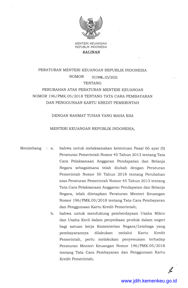 Peraturan Menteri Keuangan Nomor 97/PMK.05/2021