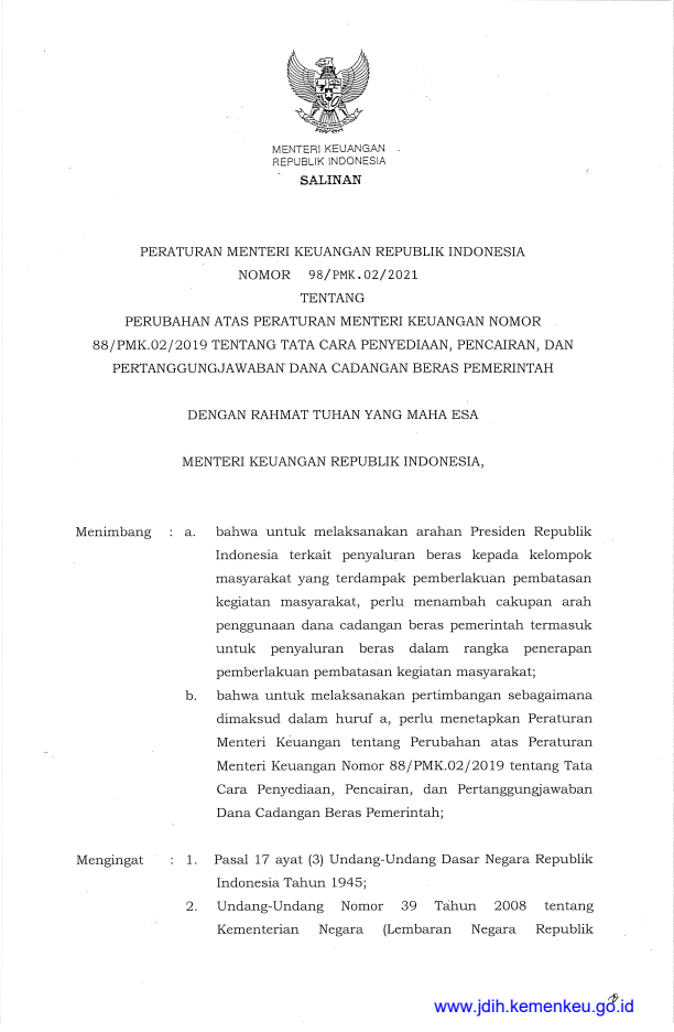 Peraturan Menteri Keuangan Nomor 98/PMK.02/2021