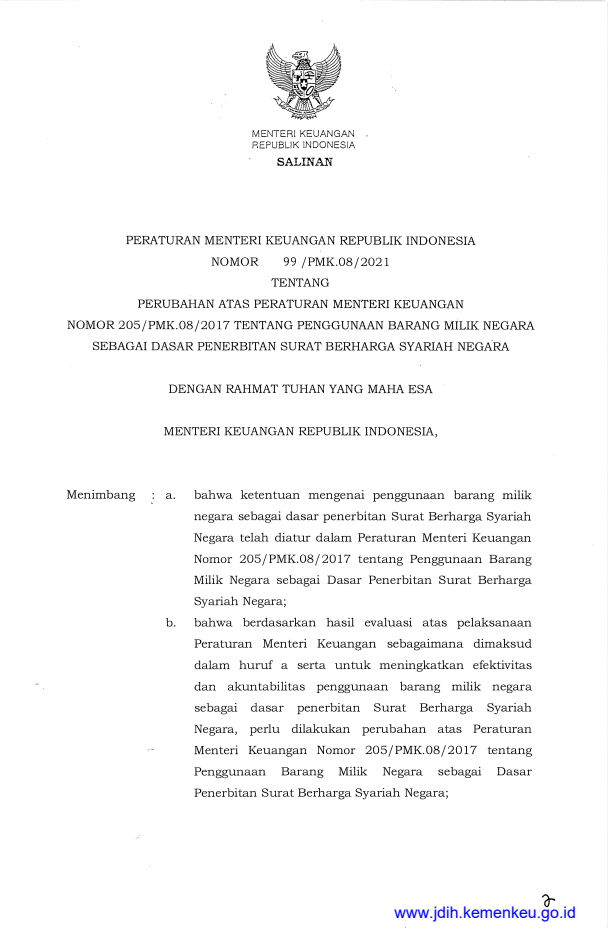 Peraturan Menteri Keuangan Nomor 99/PMK.08/2021