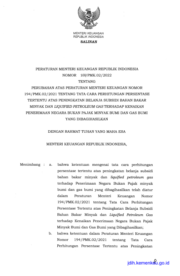 Peraturan Menteri Keuangan Nomor 100/PMK.02/2022