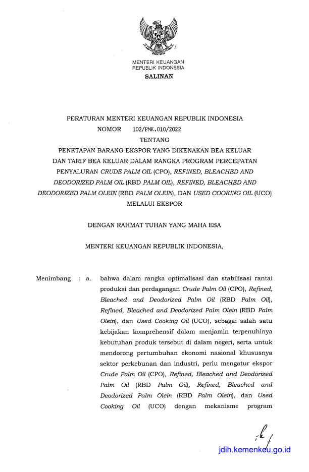 Peraturan Menteri Keuangan Nomor 102/PMK.010/2022