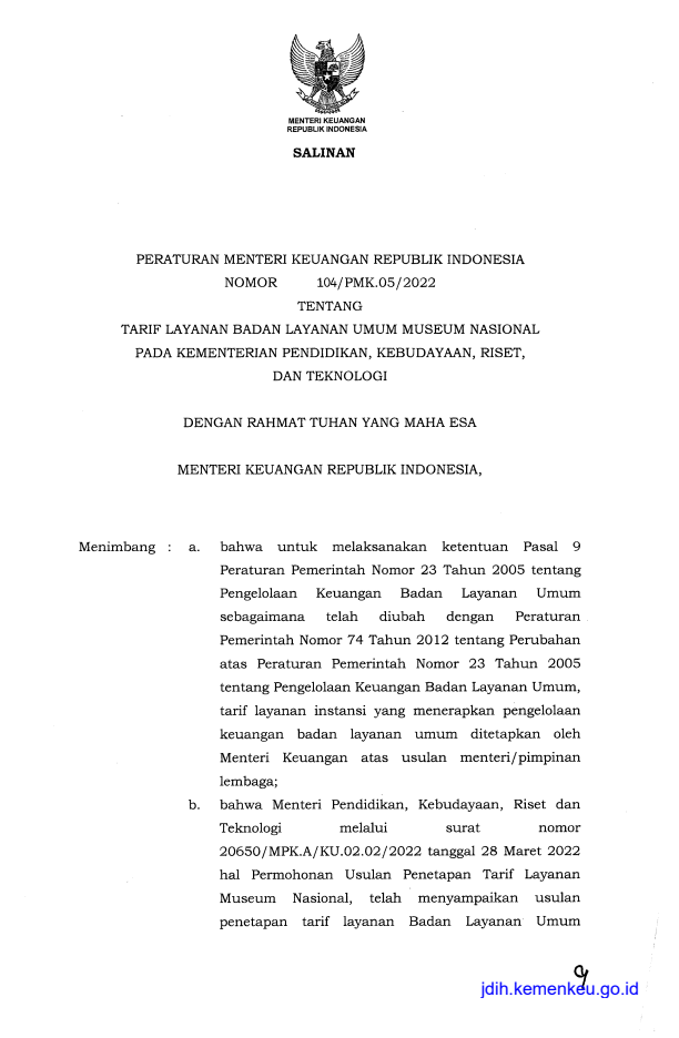 Peraturan Menteri Keuangan Nomor 104/PMK.05/2022