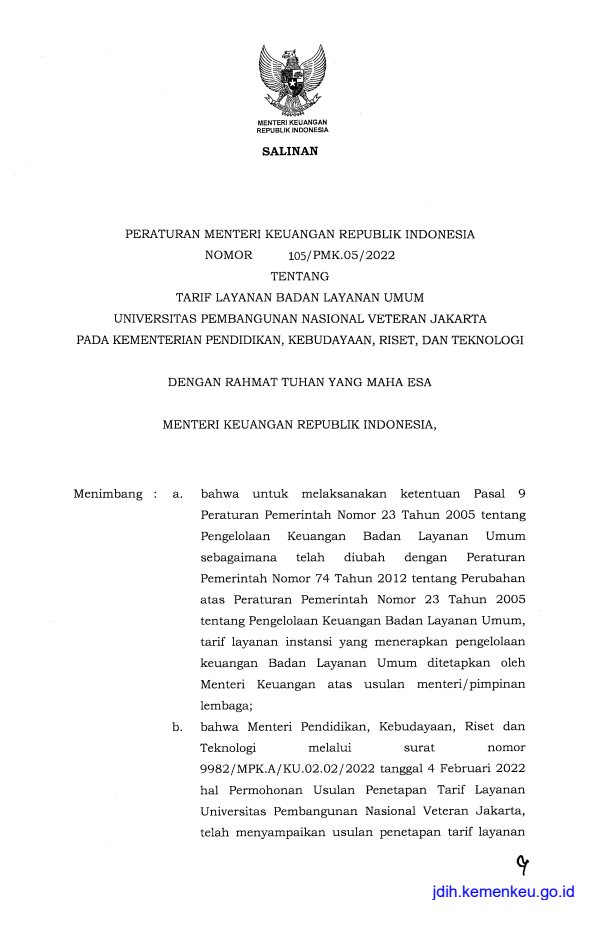 Peraturan Menteri Keuangan Nomor 105/PMK.05/2022