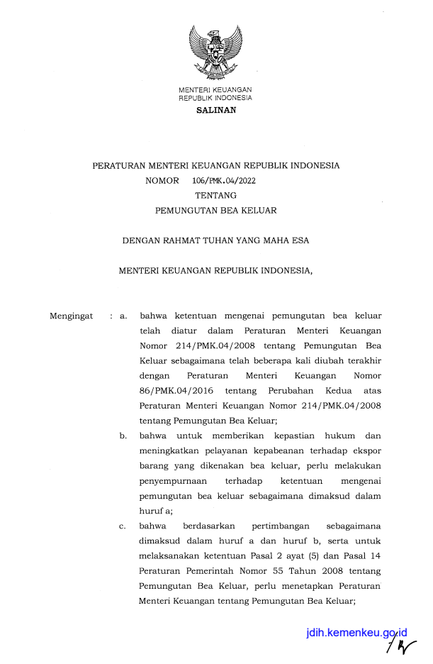 Peraturan Menteri Keuangan Nomor 106/PMK.04/2022