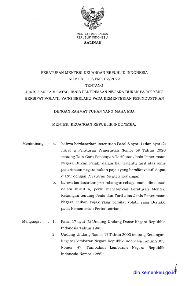 Peraturan Menteri Keuangan Nomor 108/PMK.02/2022