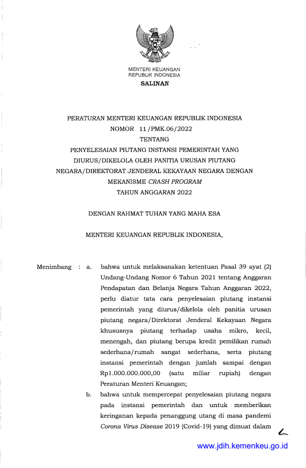 Peraturan Menteri Keuangan Nomor 11/PMK.06/2022